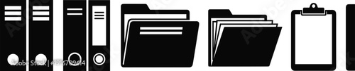 Black silhouette office folder, binder, and clipboard icons representing document management, organization, paperwork storage, and administrative workflow systems for business use