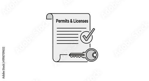 Permits and Licenses Document with Key and Checkmark Icon.