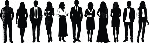 Business people silhouette collection showing professional men and women standing in formal attire for corporate, teamwork, and leadership concepts