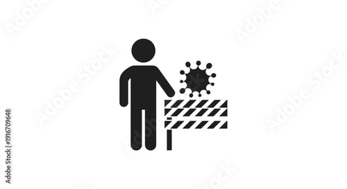 Person standing near a caution tape barrier with a virus icon.