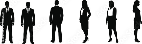 Collection of professional business men and women silhouettes in formal suits and office attire standing in various poses, flat vector illustration