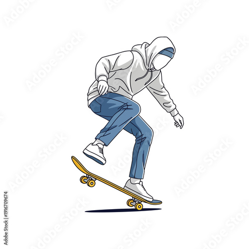 Dynamic illustration of a young skateboarder performing a trick in street wear