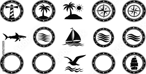 Black nautical silhouette icons set with lighthouse sailboat shark compass and tropical island elements isolated on white background for marine design