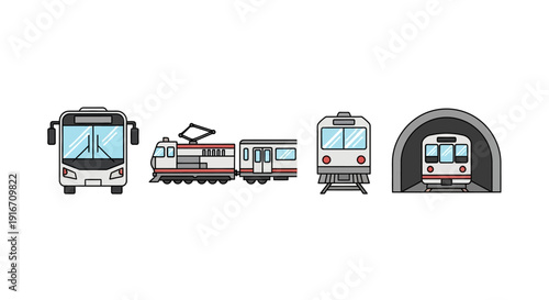 Public Transportation Vehicles Bus Train Subway Tunnel Icons Set.
