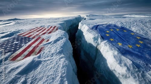 US flag and EU flag embedded on a vast cracked glacier under a dramatic sky. Political division and global challenges concept.