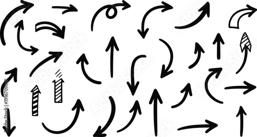 Hand drawn curved arrow collection showing direction, motion flow, navigation paths, and dynamic movement symbols for creative graphic design