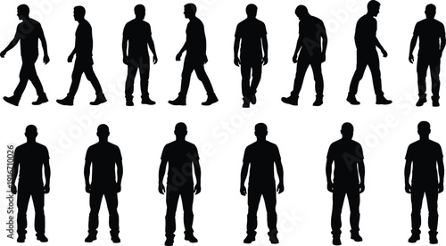Silhouette collection of men walking and standing in various poses, showing human posture reference, movement sequence, and body proportion study
