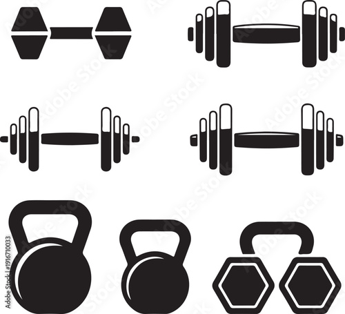 black icons of dumbbells and kettlebells on white background