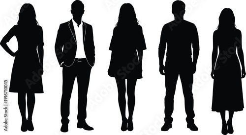 Collection of professional men and women silhouettes in business and smart casual attire standing together, minimalist flat vector illustration,