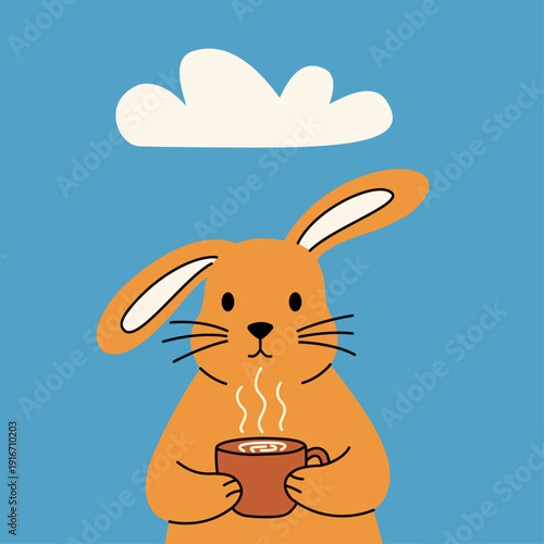Minimalist Rabbit Illustration with Warm Beverage