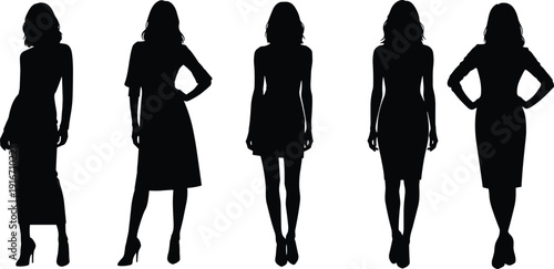 Collection of professional young women silhouettes wearing stylish dresses and elegant fashion outfits standing in various poses, flat vector illustration