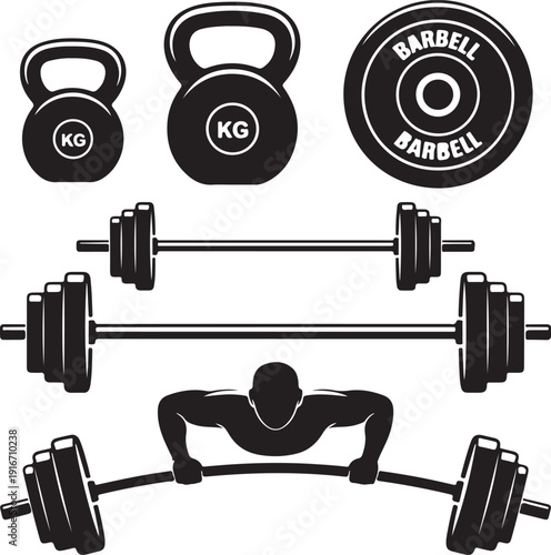 Black silhouette of man lifting weights and various gym equipment