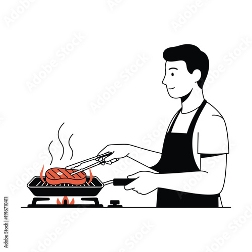 Man grilling steak on a stovetop using a grill pan in a minimalist vector illustration.