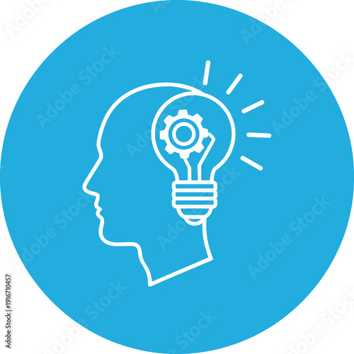 Human head profile with light bulb and gear signifies idea generation and innovative thinking process