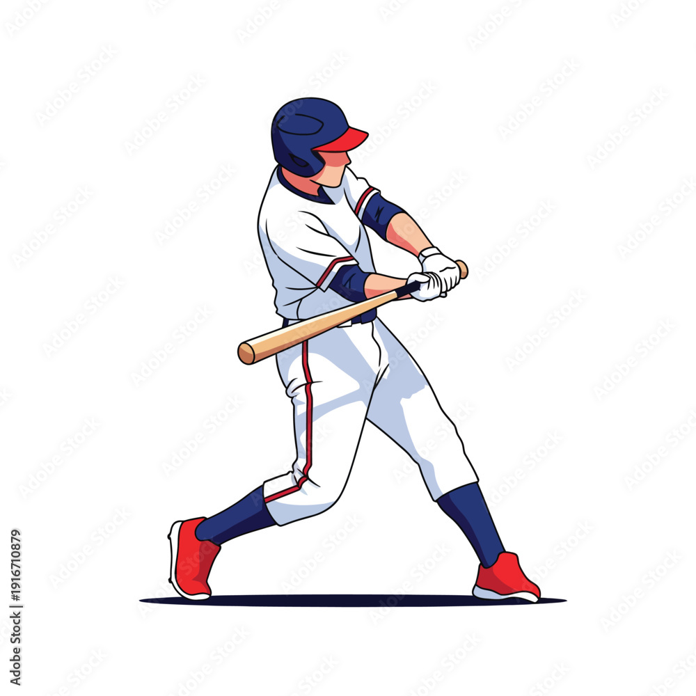 Obraz premium Isolated baseball player batter performing a powerful swing with a wooden bat illustration.