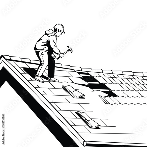 Black and White Illustration of a Roofer Repairing a Residential House Roof