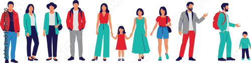 Diverse group of men and women in casual and smart outfits standing together, flat vector illustration for community and social concepts