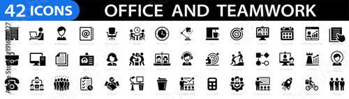 Office and Teamwork 42 icon set. Briefcase, team, desk, work, computer, co-worker, meeting, plan, employee, growth, schedule and more. Editable stroke. Vector illustration