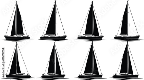 Black sailboat silhouette set with luxury yachts and sailing boats isolated on white background for marine travel and nautical design