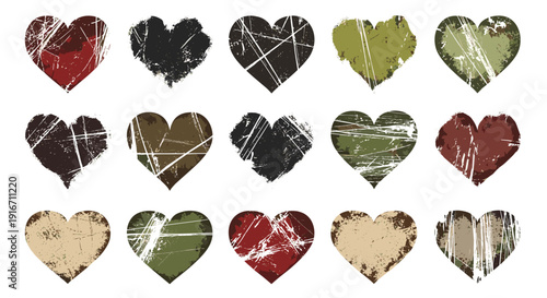 Collection of heart shapes with distressed textures and various colors