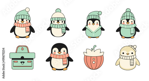 Cute penguin characters wearing winter accessories