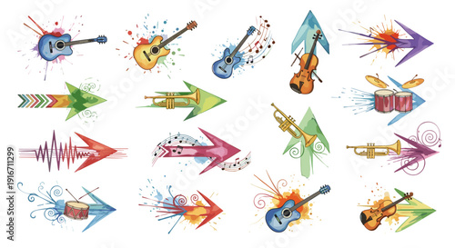 Collection of colorful electric guitars with vibrant designs and styles