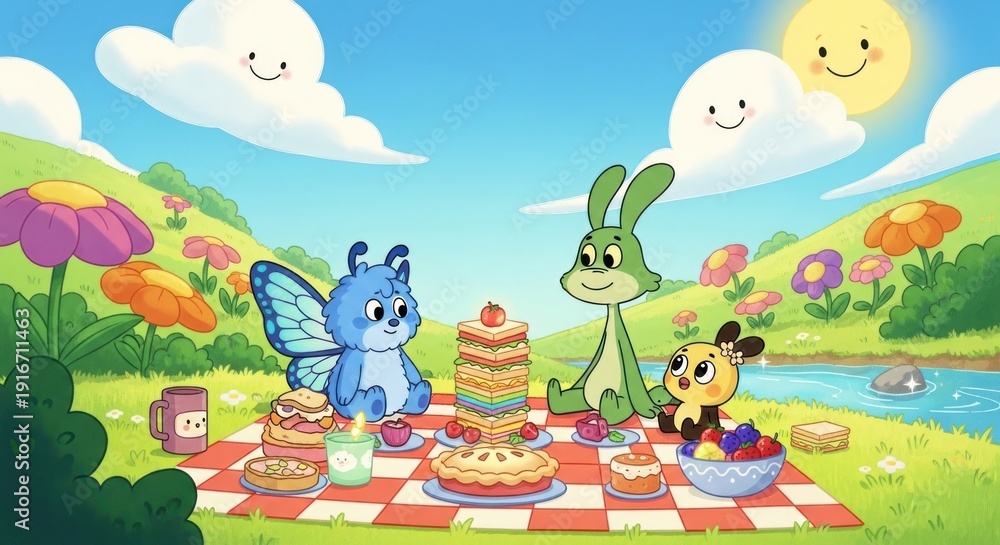 Naklejka premium Cartoon friends having a picnic in a sunny flower meadow