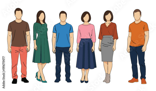 Diverse group of men and women in colorful smart casual outfits standing together in a row against a white background