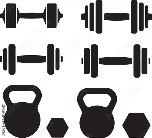 black silhouette icons of dumbbells and kettlebells for fitness and gym