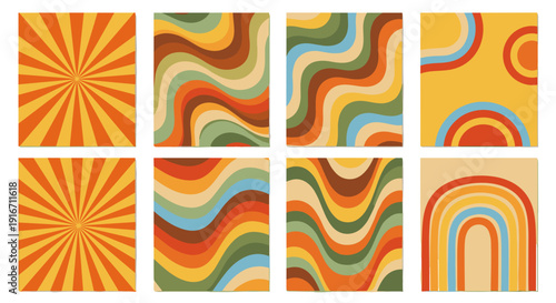 Set of eight vibrant abstract psychedelic swirl patterns with retro style