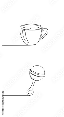 Mother’s Day Concept – Continuous One-Line Drawing of Tea Mug and Baby Rattle in Vertical 9:16 Composition