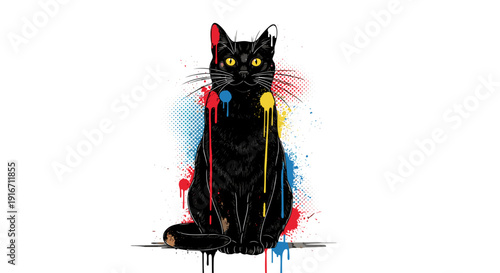 Abstract black cat illustration with colorful paint splashes and drips