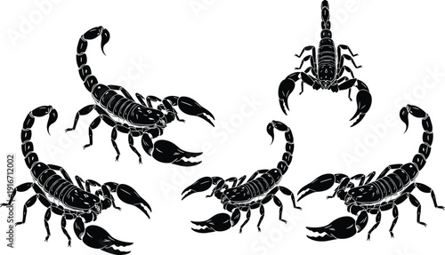Black scorpion silhouette set with various stinging poses isolated on white background for dangerous desert wildlife and toxic arachnid design