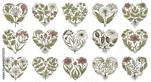 Collection of heartshaped leaves with intricate textures and patterns