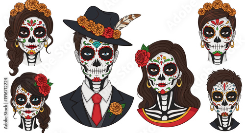 Group of five colorful sugar skulls with floral and decorative details