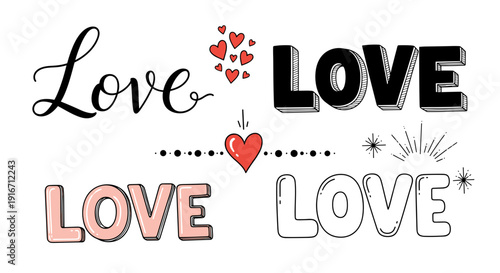 Collection of lovethemed text designs with hearts and decorative elements