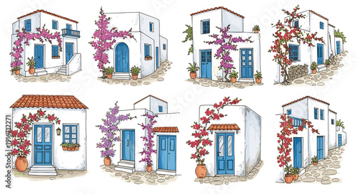 Collection of colorful mediterranean style houses with vibrant flowers