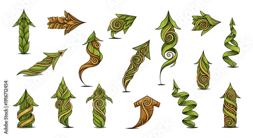 Collection of green and brown twisted and curled leaf illustrations