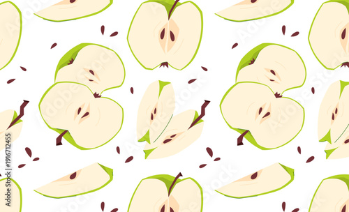 Seamless pattern with green apple halves, slices and seeds scattered on light background, fresh fruit repeat design for textile and packaging
