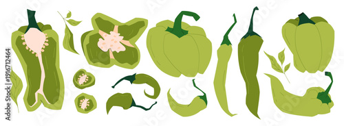 Collection of green bell peppers and chili peppers whole and sliced with seeds and leaves, fresh vegetable set isolated on light background