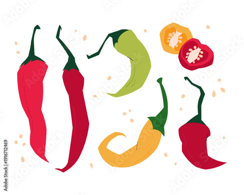 Set of hot chili peppers in red, yellow and green colors, whole and sliced with seeds, spicy vegetable collection isolated on light background