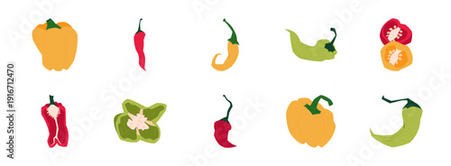 Icon set of bell peppers and chili peppers in red, yellow and green colors, whole and sliced vegetables isolated on light background