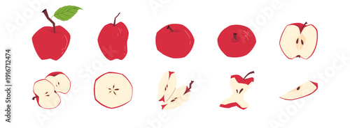 Set of red apple icons whole, halved, sliced and core pieces, flat minimal fruit collection isolated on light background