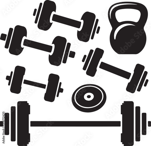 Black silhouette of various gym equipment on white background