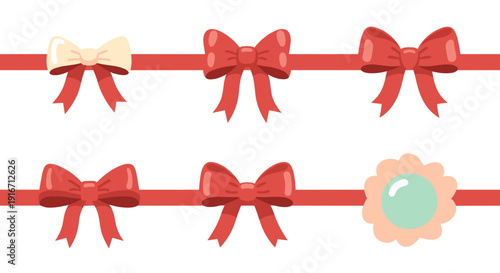 Decorative red bows on a string for festive holiday decoration