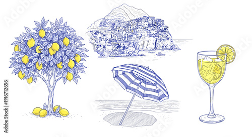 Collection of summer outdoor items including tree umbrella and drink