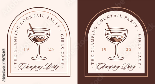 Glamping party girls camp luxury camping mountain lodge cabin summer trip bar theme cocktail glass drawing. Retro vintage fancy aesthetic camper club shirt sticker badge poster design graphic print.