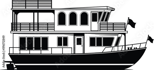 Two deck houseboat silhouette with cabin and flags, river cruise vessel vector illustration isolated design