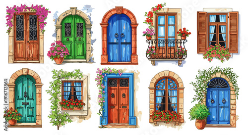 Collection of colorful vintage doors with plants and decorative elements