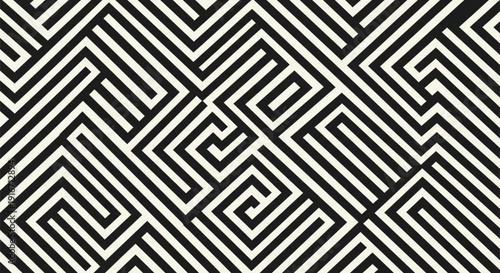 Black and white geometric maze pattern with interconnected lines and sharp angles. The design is intricate and creates a sense of complexity.